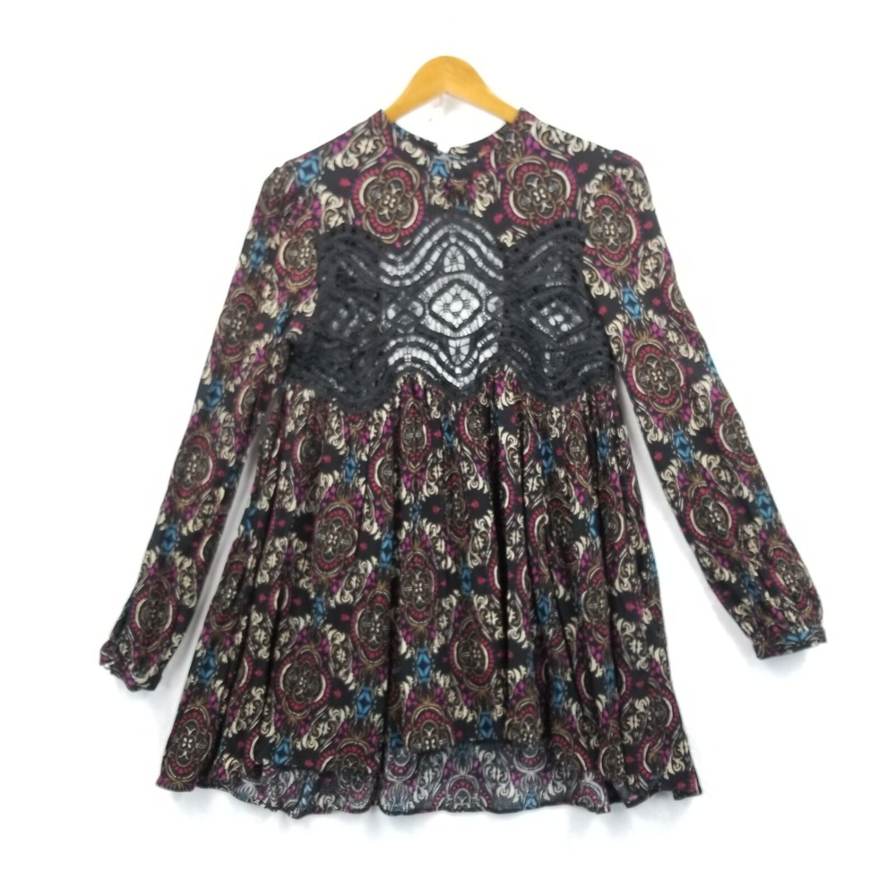 Free People Tunic Women M Black Paisley Sweet Thing Crochet Keyhole Back Boho